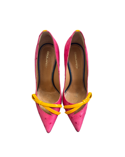 Dsquared² Pink Ostrich Style Heels w/ Yellow Bows
