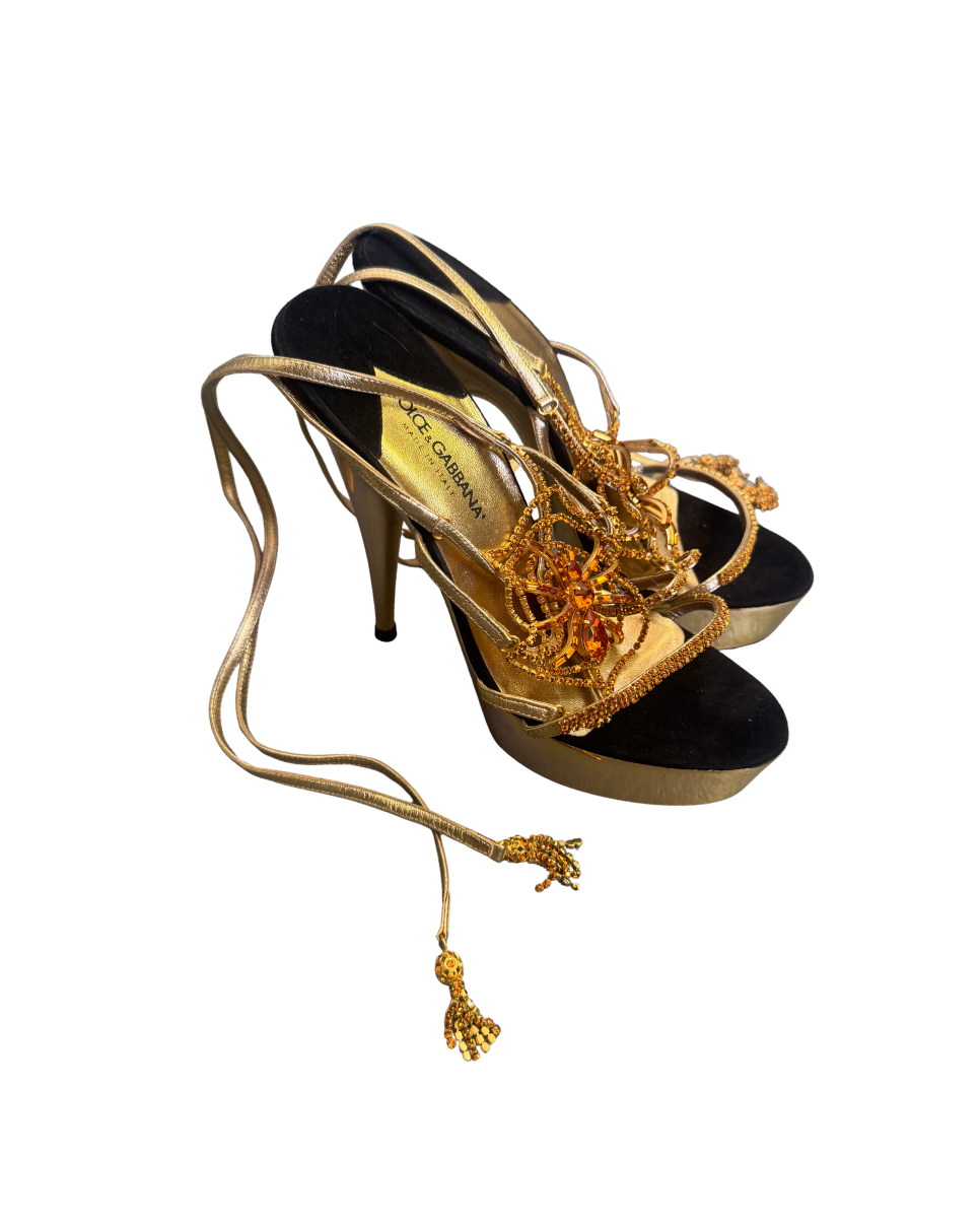 Dolce & Gabbana Gold Crystal Spider Web Platform Sandals