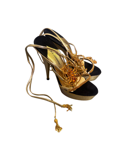 Dolce & Gabbana Gold Crystal Spider Web Platform Sandals