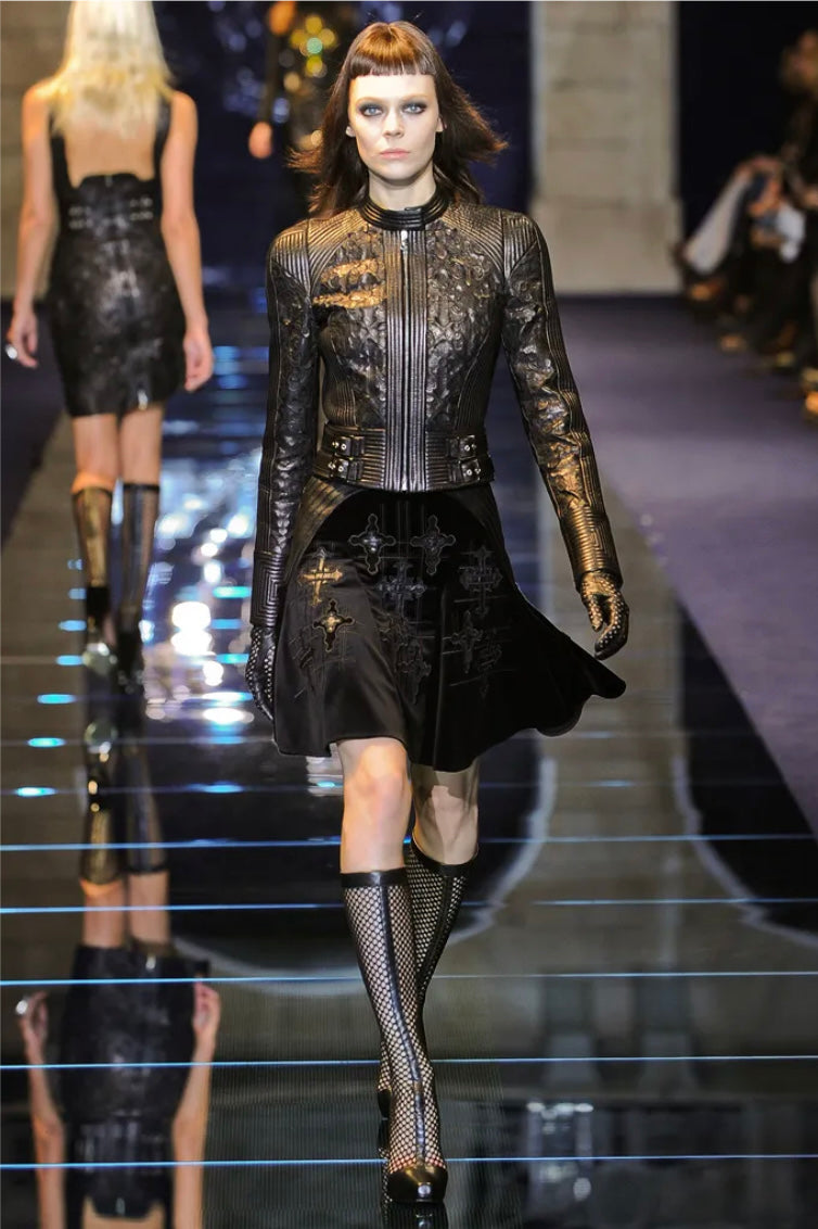Versace Velvet Cross Embroidered Leather Detailed Skirt