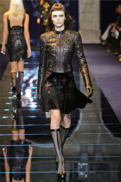 Versace Velvet Cross Embroidered Leather Detailed Skirt