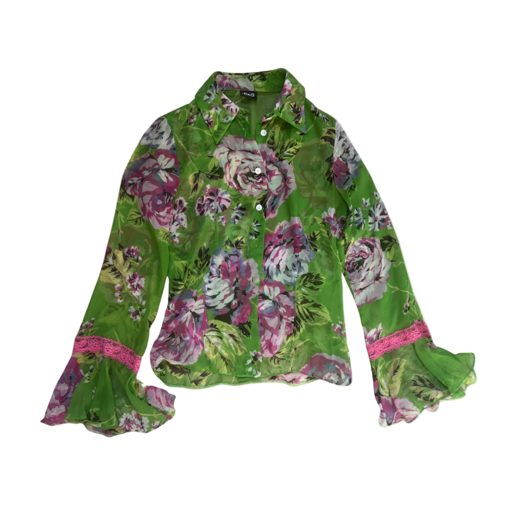 Dolce & Gabbana Sheer Floral & Pink Lace Button-Up Top