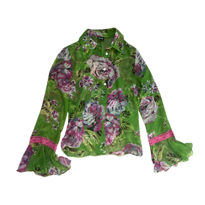 Dolce & Gabbana Sheer Floral & Pink Lace Button-Up Top