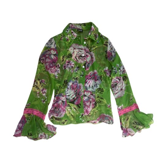 Dolce & Gabbana Sheer Floral & Pink Lace Button-Up Top