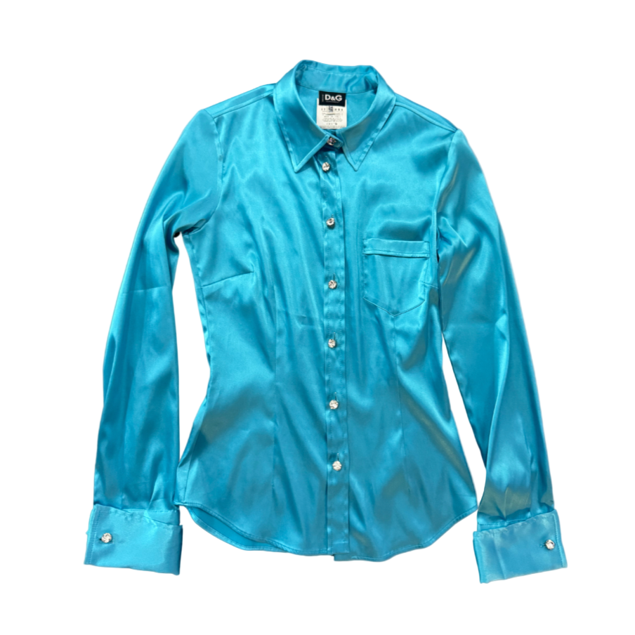 Dolce & Gabbana Blue Silk Button-Up Top