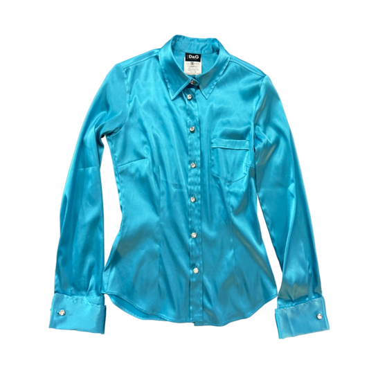 Dolce & Gabbana Blue Silk Button-Up Top