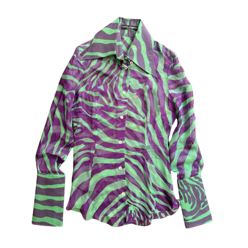 Dolce & Gabbana Sheer Purple/Green Zebra Button-Up