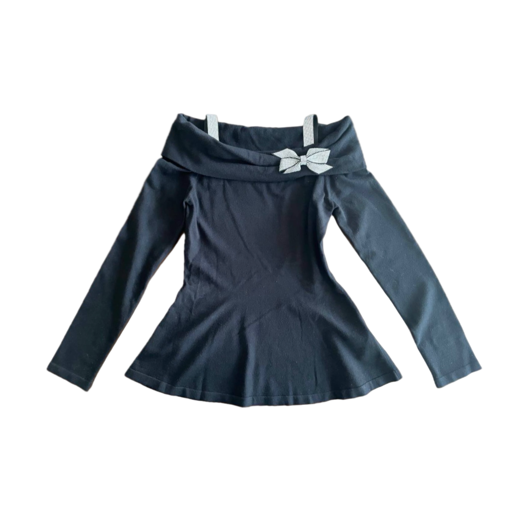 Blumarine Off-the-Shoulder Rhinestone Bow Top