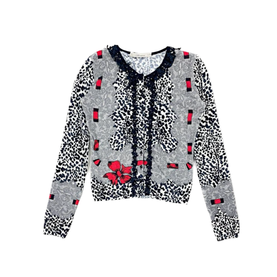 Blumarine Leopard Lace Ribbon Printed Cardigan
