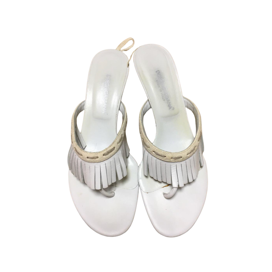 Dolce & Gabbana White Leather Fringe Sandals
