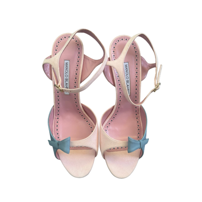 Manolo Blahnik Light Pink/Blue Bow Sandal Heels