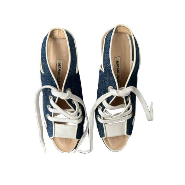 Manolo Blahnik Open Toe Denim Sneaker Mule Heels