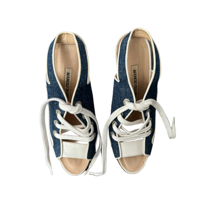 Manolo Blahnik Open Toe Denim Sneaker Mule Heels