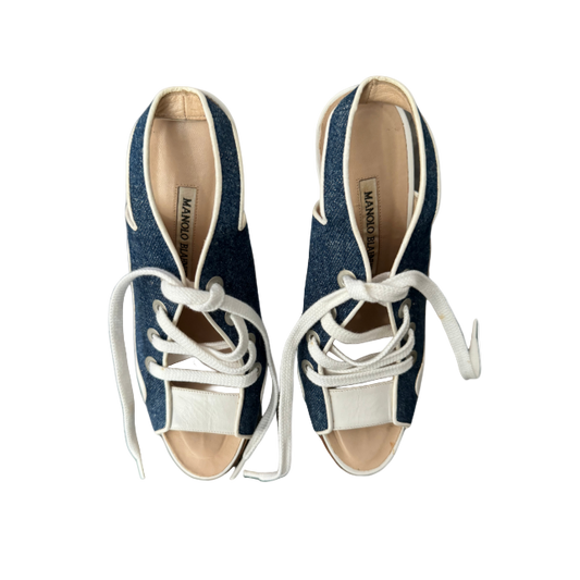 Manolo Blahnik Open Toe Denim Sneaker Mule Heels