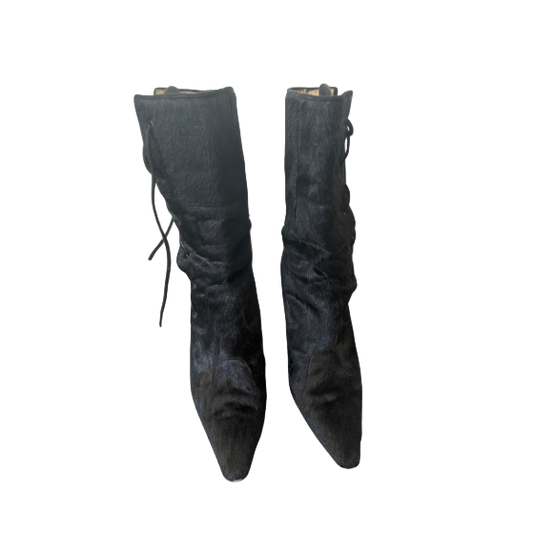 Manolo Blahnik Lace Up Pony Hair Short Boots