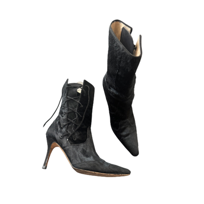 Manolo Blahnik Lace Up Pony Hair Short Boots