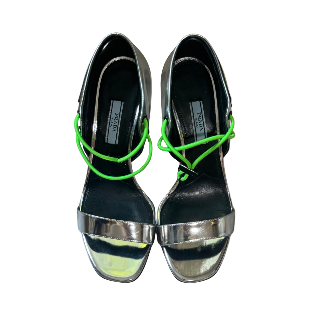 Prada Silver Techno Sport Lace-Up Heels with Neon Green Cord