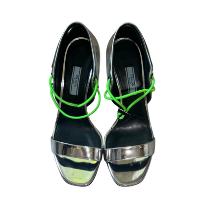 Prada Silver Techno Sport Lace-Up Heels with Neon Green Cord