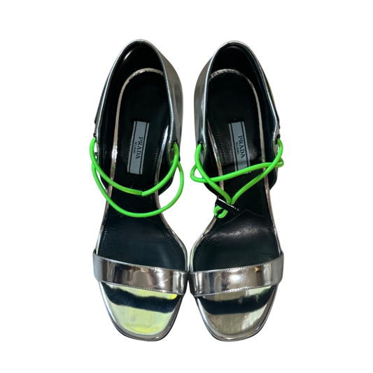 Prada Silver Techno Sport Lace-Up Heels with Neon Green Cord