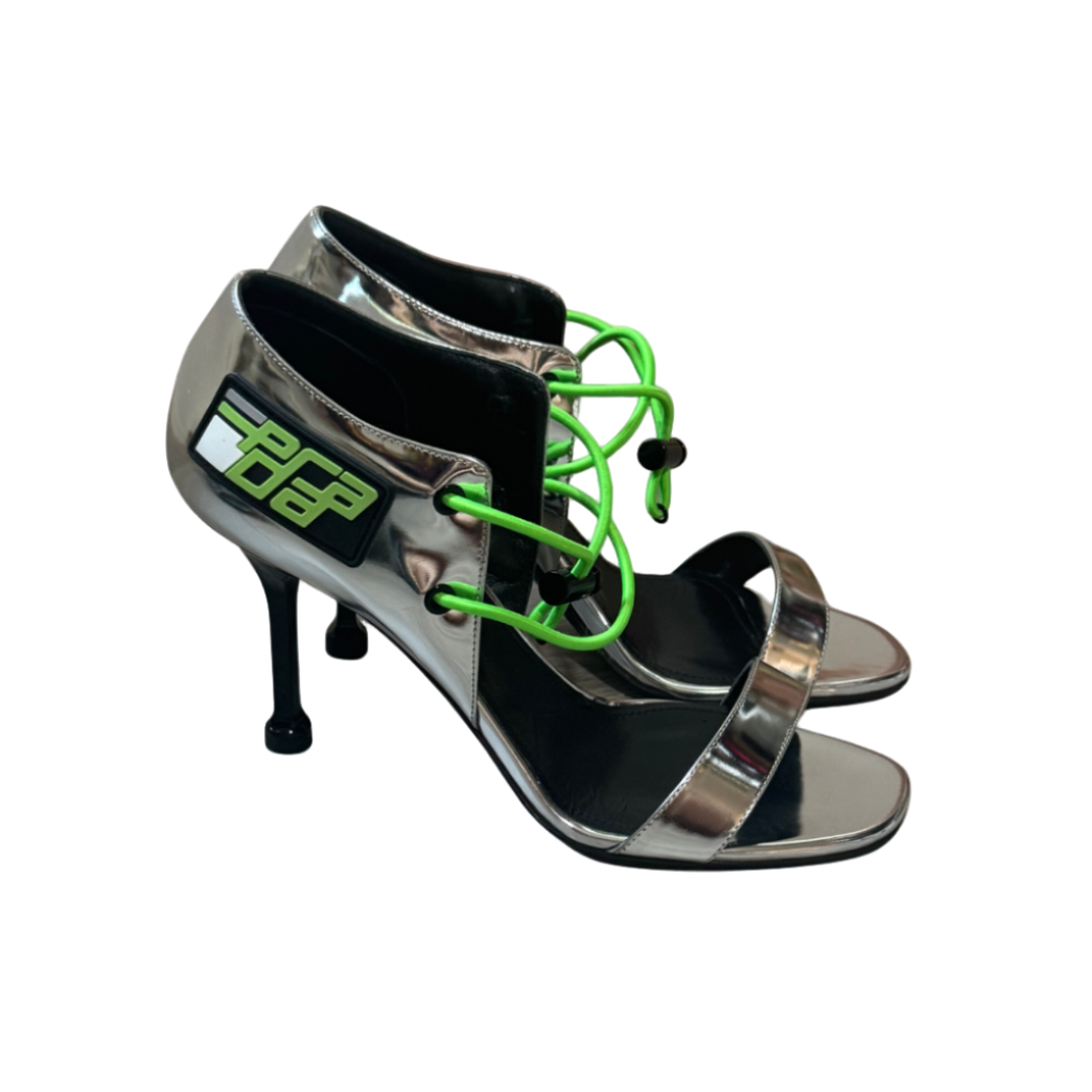 Prada Silver Techno Sport Lace-Up Heels with Neon Green Cord