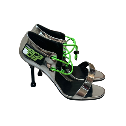 Prada Silver Techno Sport Lace-Up Heels with Neon Green Cord