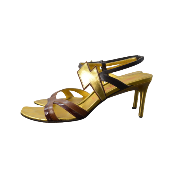 Miu Miu Gold Lightning Bolt Sandal Heels
