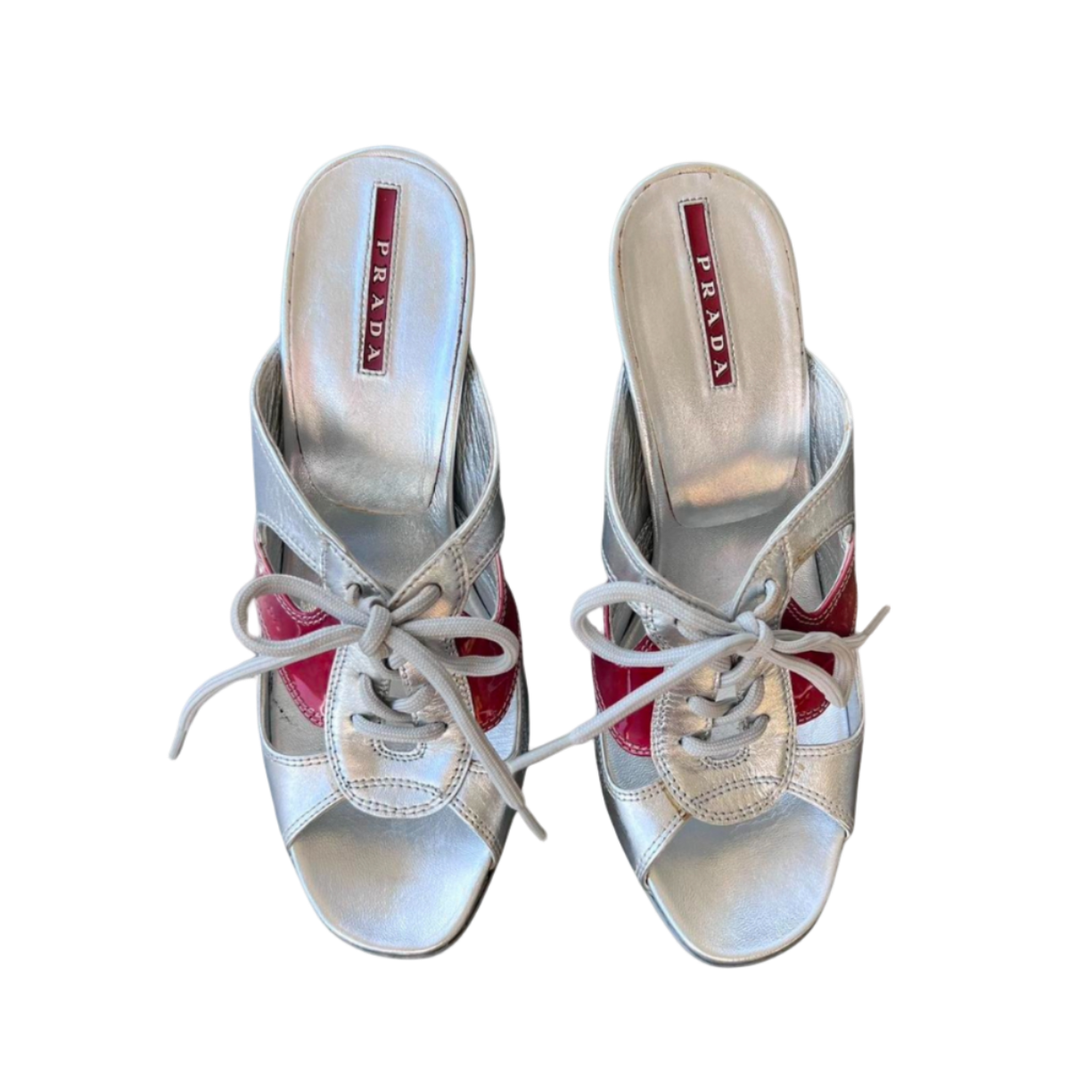 Prada Linea Rosa Silver Leather Lace Up Sneaker Heels