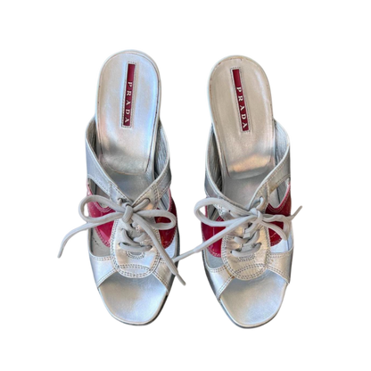 Prada Linea Rosa Silver Leather Lace Up Sneaker Heels