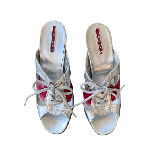 Prada Linea Rosa Silver Leather Lace Up Sneaker Heels