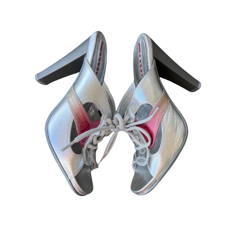 Prada Linea Rosa Silver Leather Lace Up Sneaker Heels