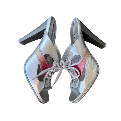 Prada Linea Rosa Silver Leather Lace Up Sneaker Heels