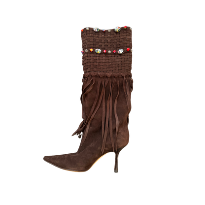 Jimmy Choo Brown Beaded Weaved Fringe Boots