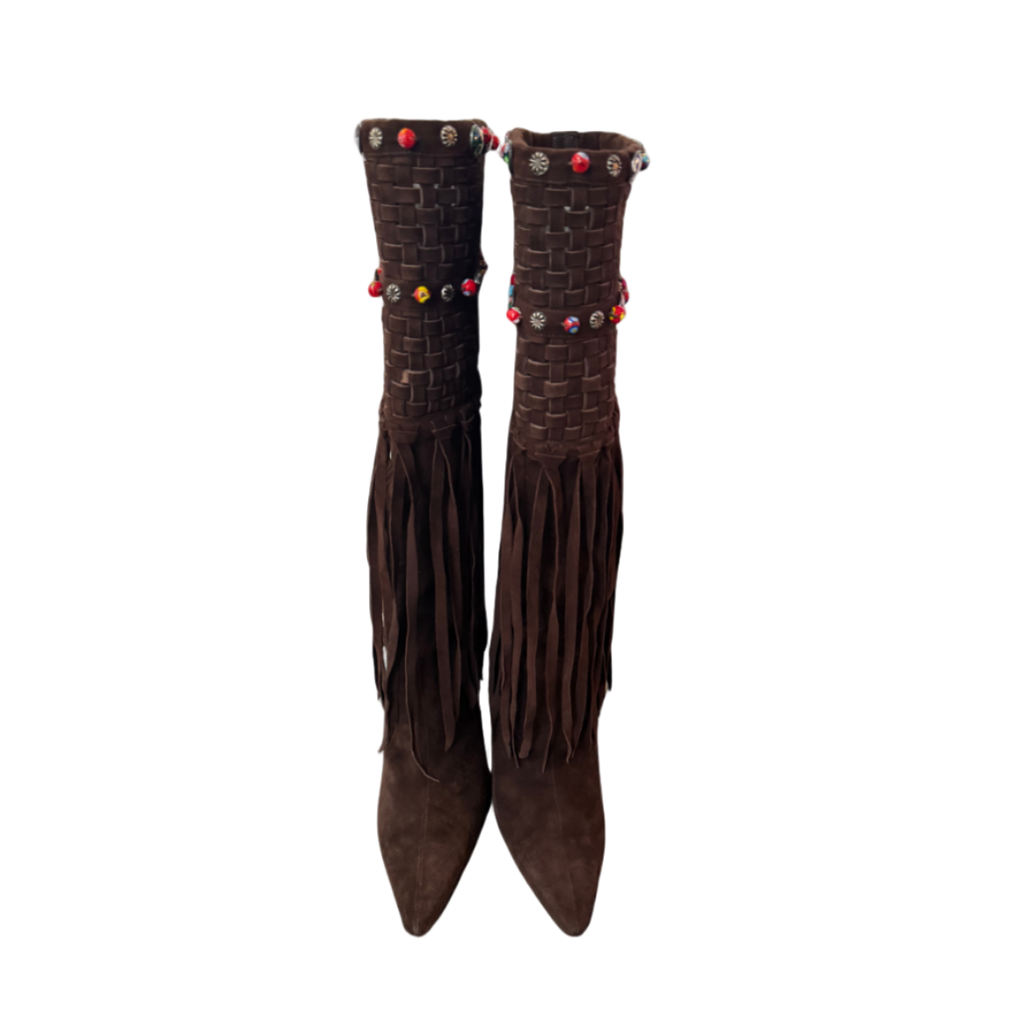 Jimmy Choo Brown Beaded Weaved Fringe Boots