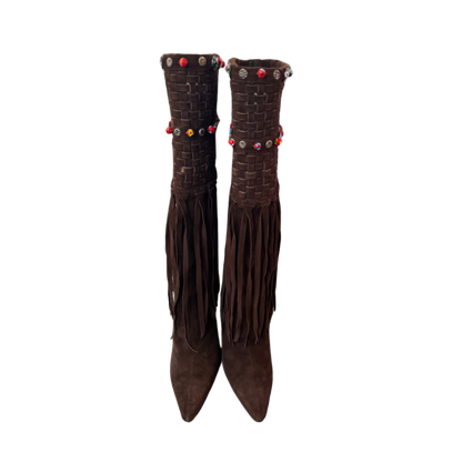 Jimmy Choo Brown Beaded Weaved Fringe Boots