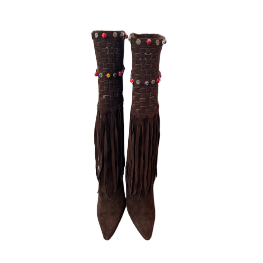 Jimmy Choo Brown Beaded Weaved Fringe Boots