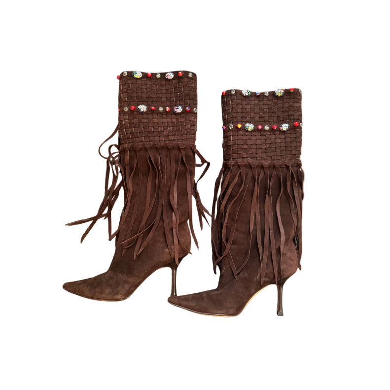 Jimmy Choo Brown Beaded Weaved Fringe Boots
