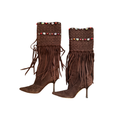 Jimmy Choo Brown Beaded Weaved Fringe Boots