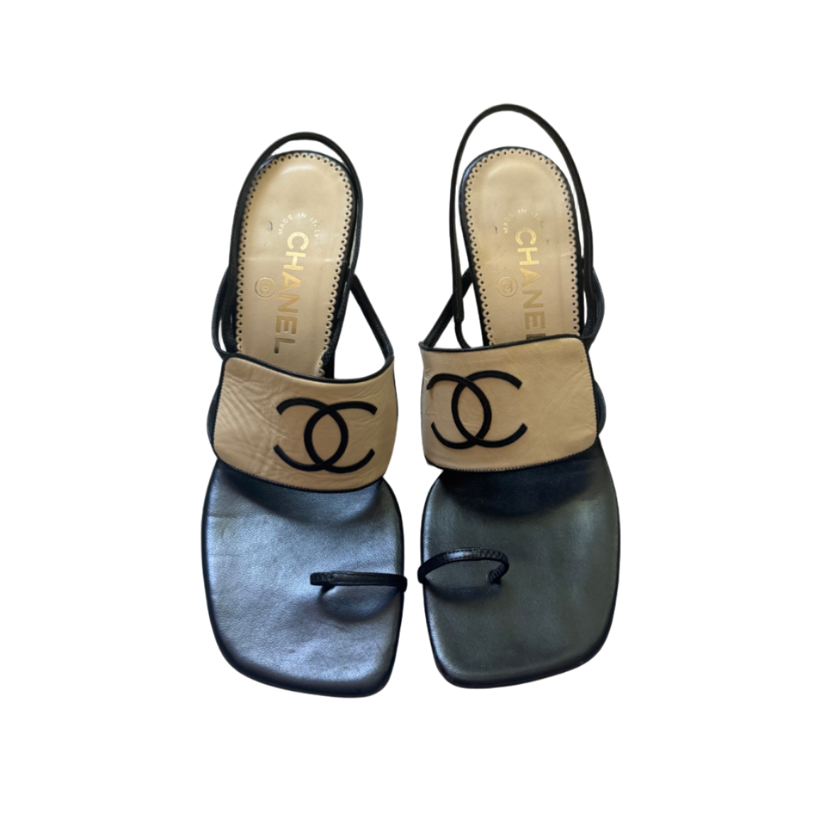 Chanel Black & Beige Logo Toe Strap Pumps