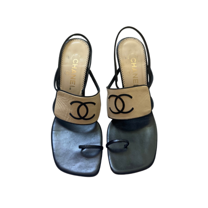 Chanel Black & Beige Logo Toe Strap Pumps