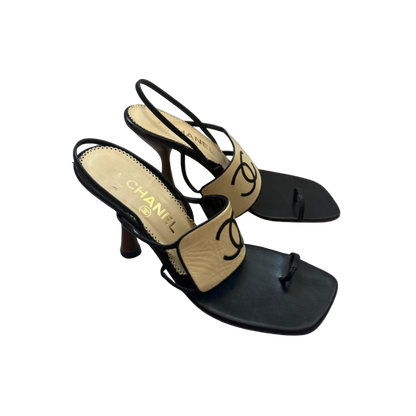 Chanel Black & Beige Logo Toe Strap Pumps