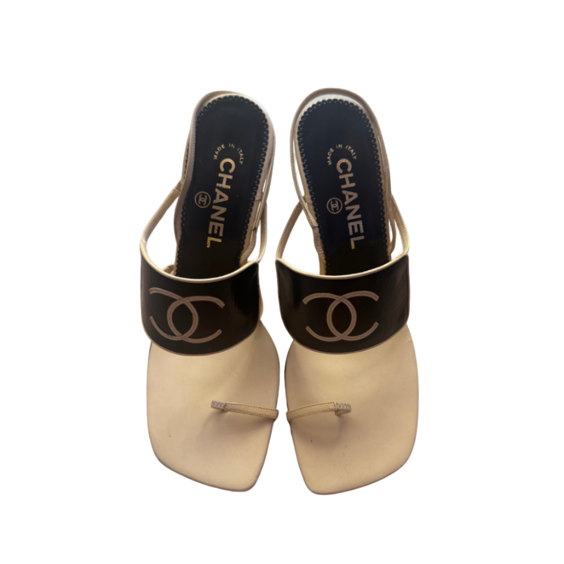 Chanel Beige & Black Logo Toe Strap Pumps