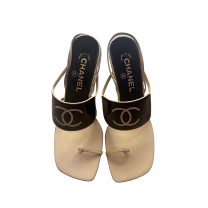 Chanel Beige & Black Logo Toe Strap Pumps