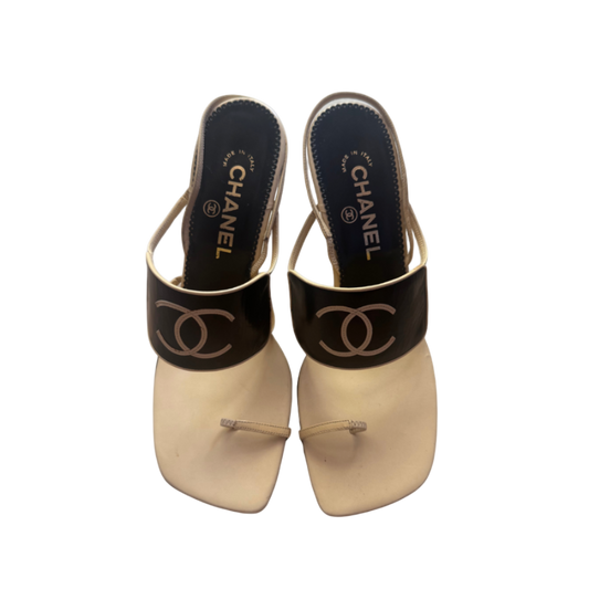 Chanel Beige & Black Logo Toe Strap Pumps