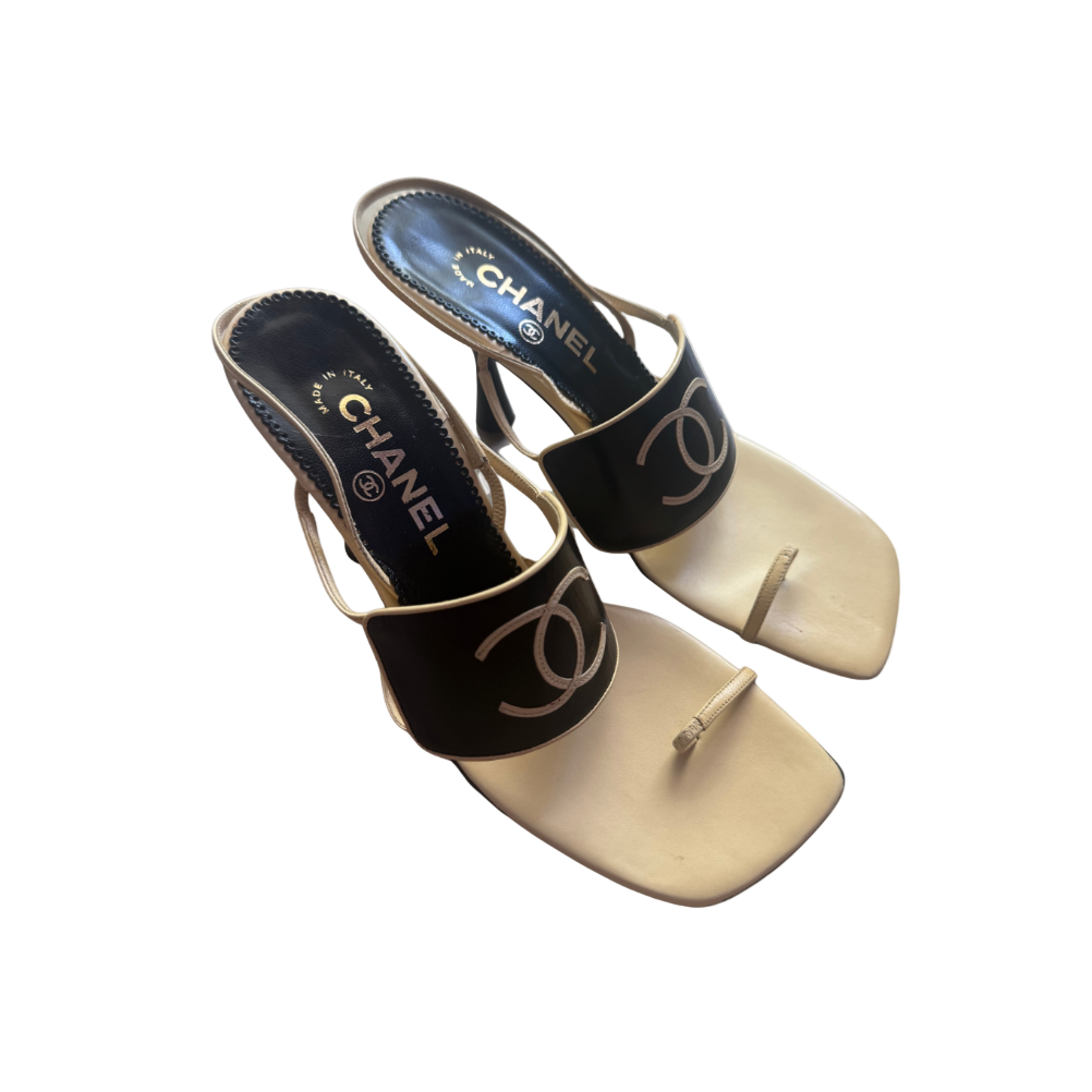 Chanel Beige & Black Logo Toe Strap Pumps