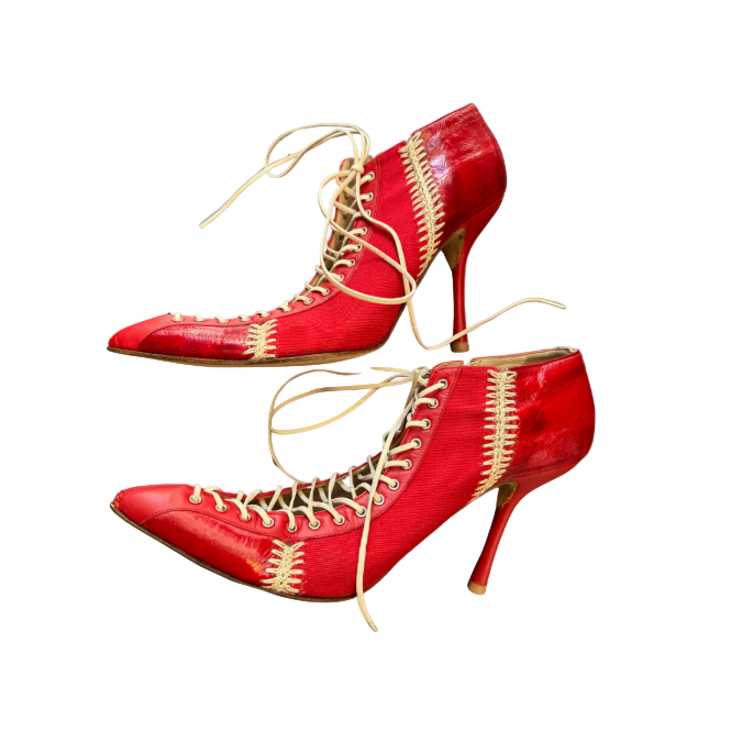 Gianni Versace Canvas & Eel Skin Lace-Up Heels