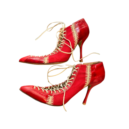 Gianni Versace Canvas & Eel Skin Lace-Up Heels