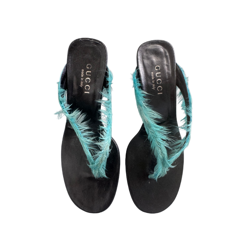 Gucci Blue Peacock Feather Sandal Heels