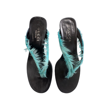 Gucci Blue Peacock Feather Sandal Heels
