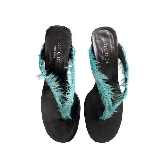 Gucci Blue Peacock Feather Sandal Heels