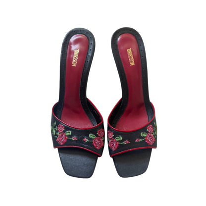 Moschino Embroidered Rose Mule Heels